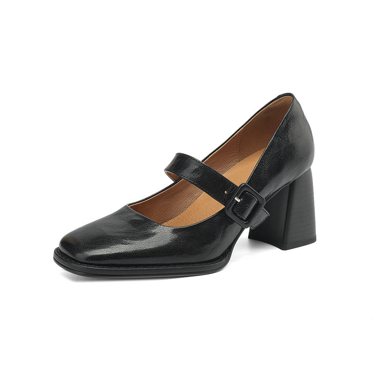 Women's Sheepskin Mary Jane Heels Square Toe Chunky Buckle Pumps - Image 5