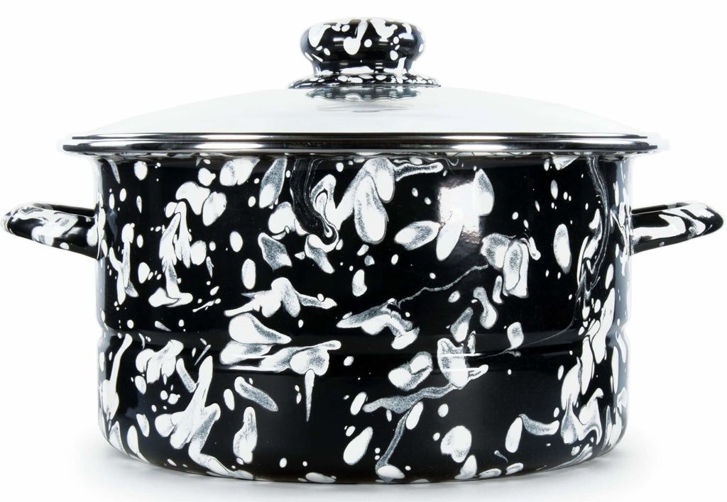 6qt Black Swirl Enamelware Stock Pot with tempered glass lid and stainless steel trim