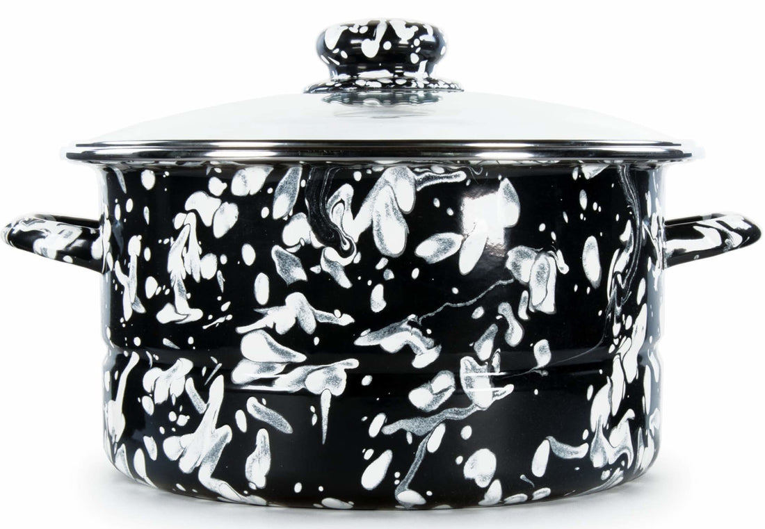 6qt Black Swirl Enamelware Stock Pot with tempered glass lid and stainless steel trim