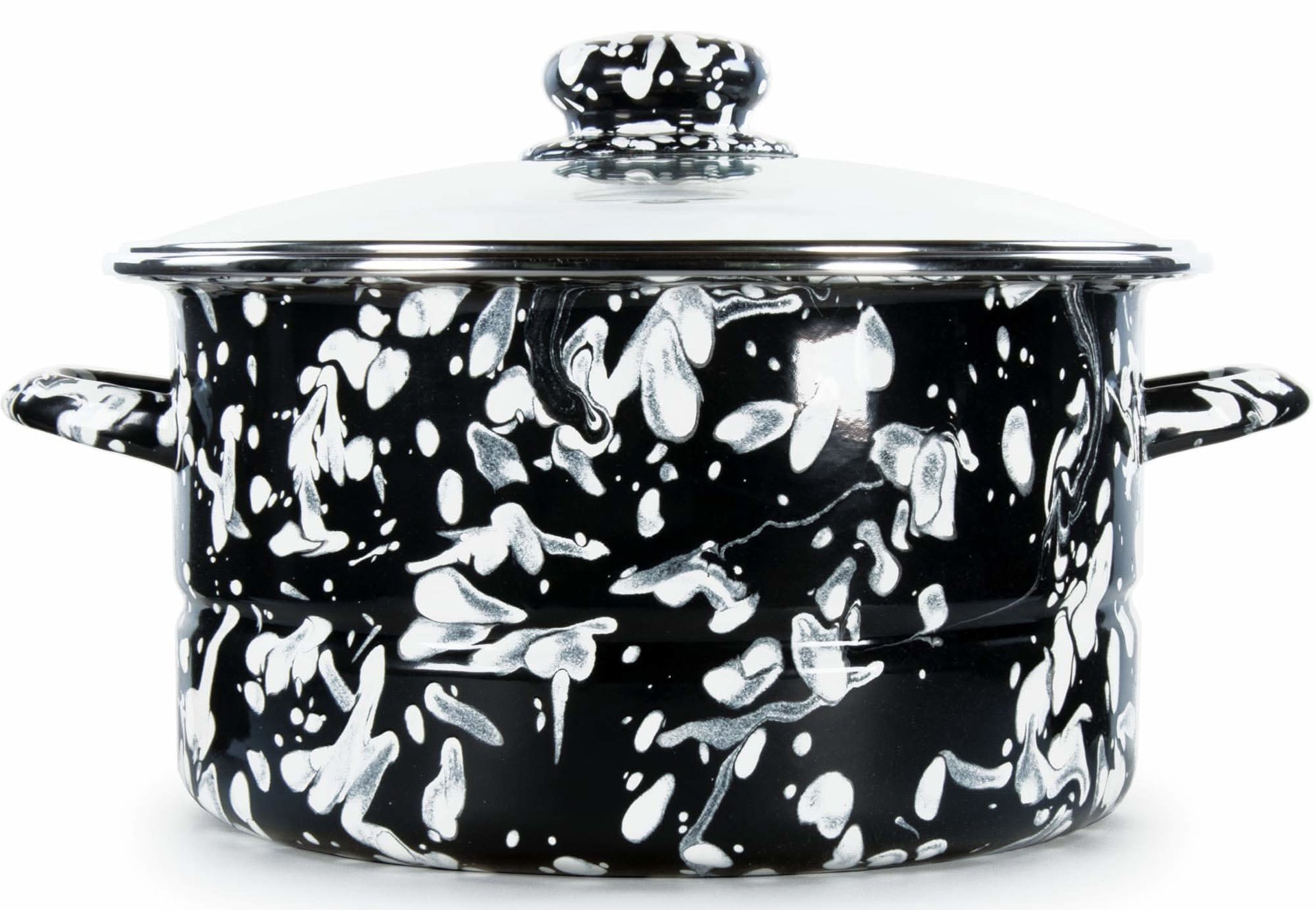 6qt Black Swirl Enamelware Stock Pot with tempered glass lid and stainless steel trim
