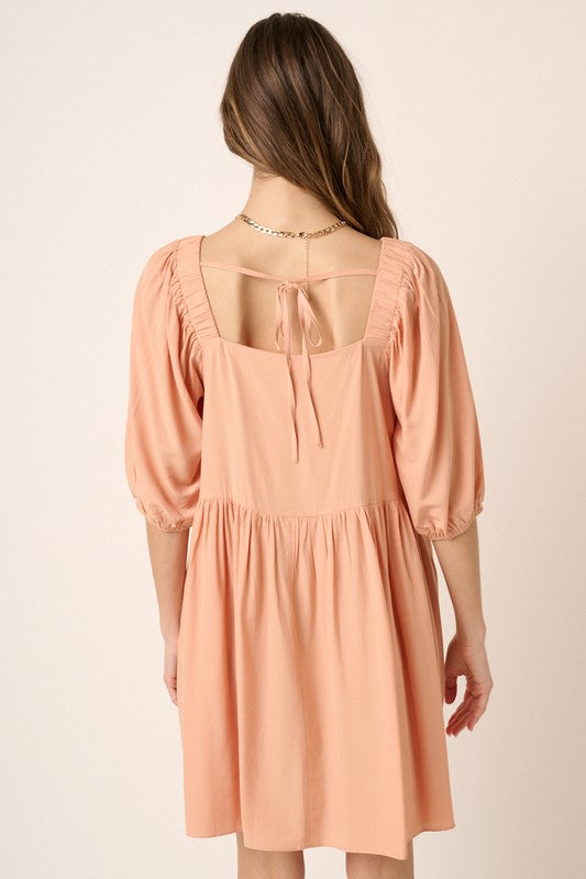 Pintuck Tie Back Mini Dress - Romantic Solid Cotton Summer Dress