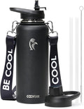 Coolflask 40 oz Water Bottle with Strap, Insulated Metal Water Flask with Straw & Spout Lids, Stainless Steel Double Wall Vacuum, Keep Cold 48h Hot 24h, Leak Proof & Non-BPA, Magic Black