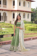 Parrot Green Gold Crush Lehenga Choli adorned with sequins and Zari embroidery.