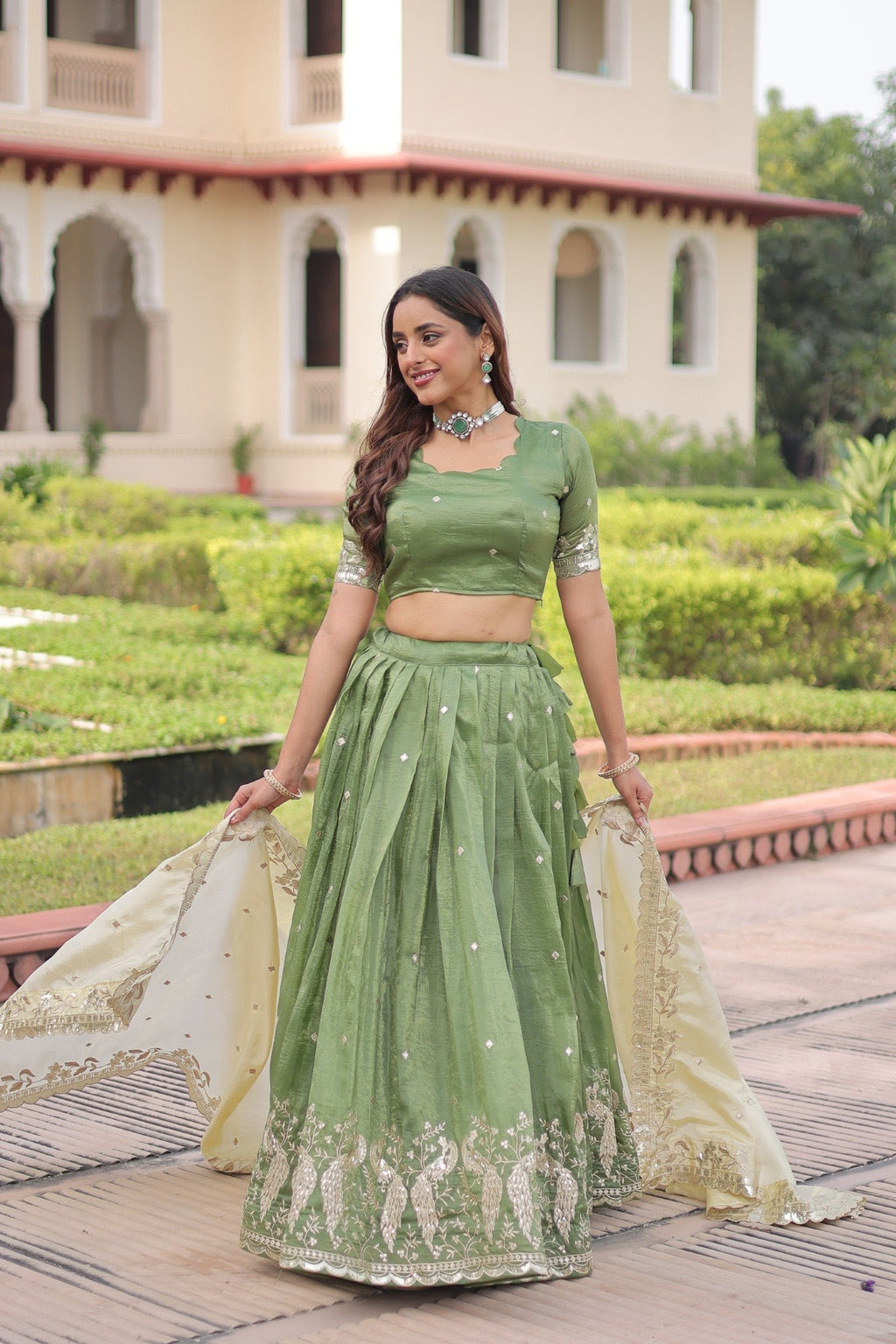 Parrot Green Gold Crush Lehenga Choli with Sequins and Zari