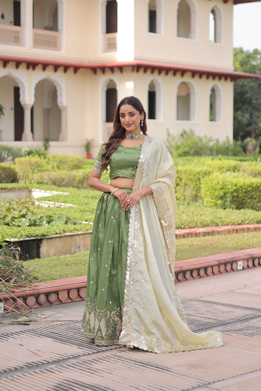 Parrot Green Gold Crush Lehenga Choli with Sequins and Zari