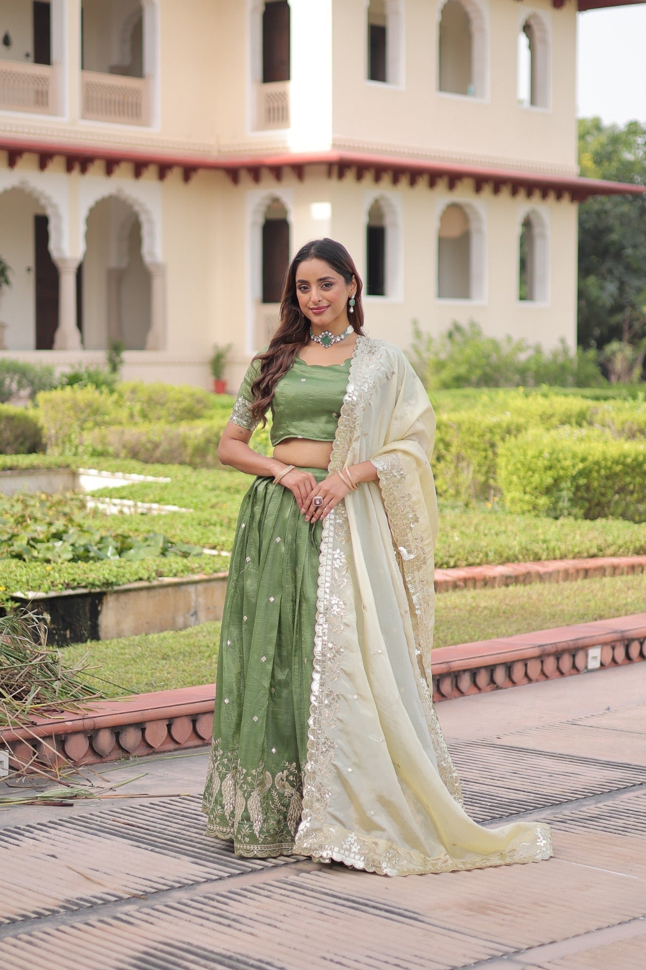 Parrot Green Gold Crush Lehenga Choli with Sequins and Zari