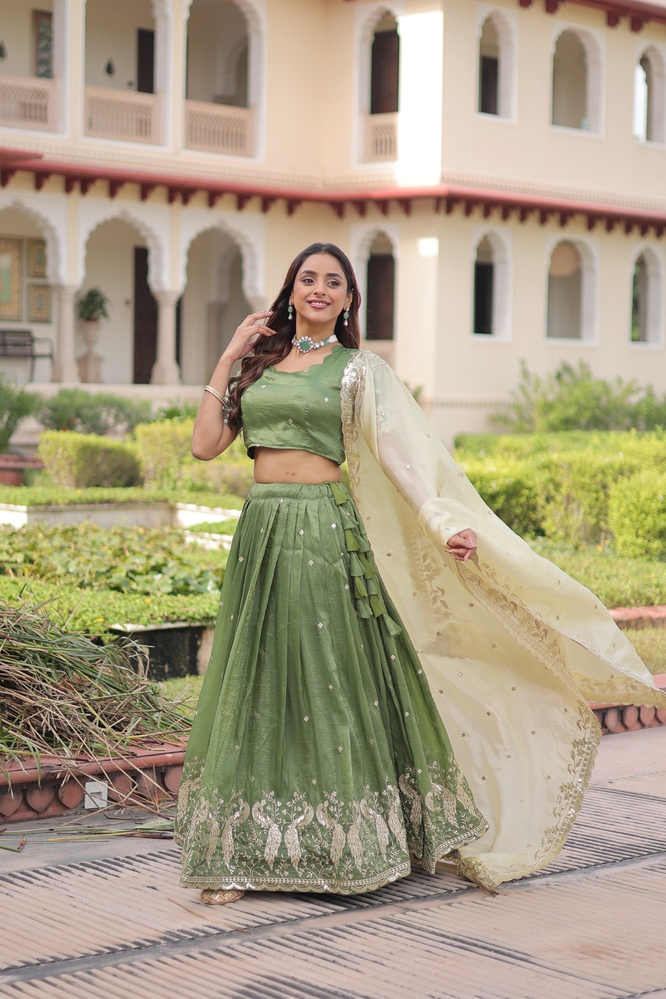 Parrot Green Gold Crush Lehenga Choli with Sequins and Zari