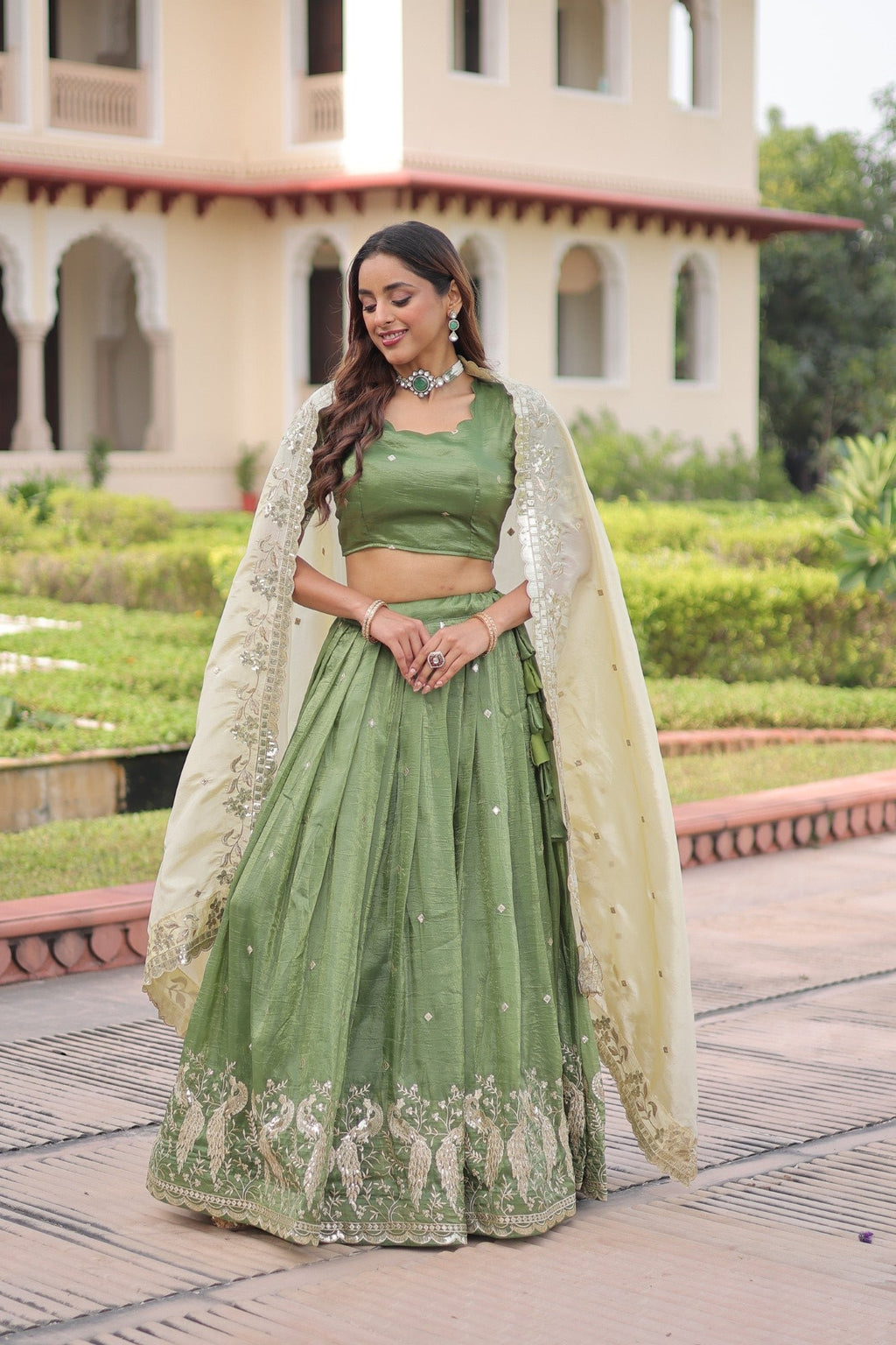 Parrot Green Gold Crush Lehenga Choli with Sequins and Zari