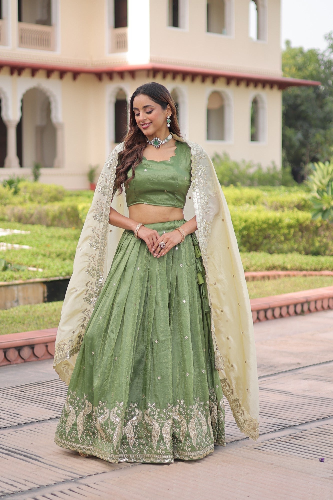 Parrot Green Gold Crush Lehenga Choli with Sequins and Zari