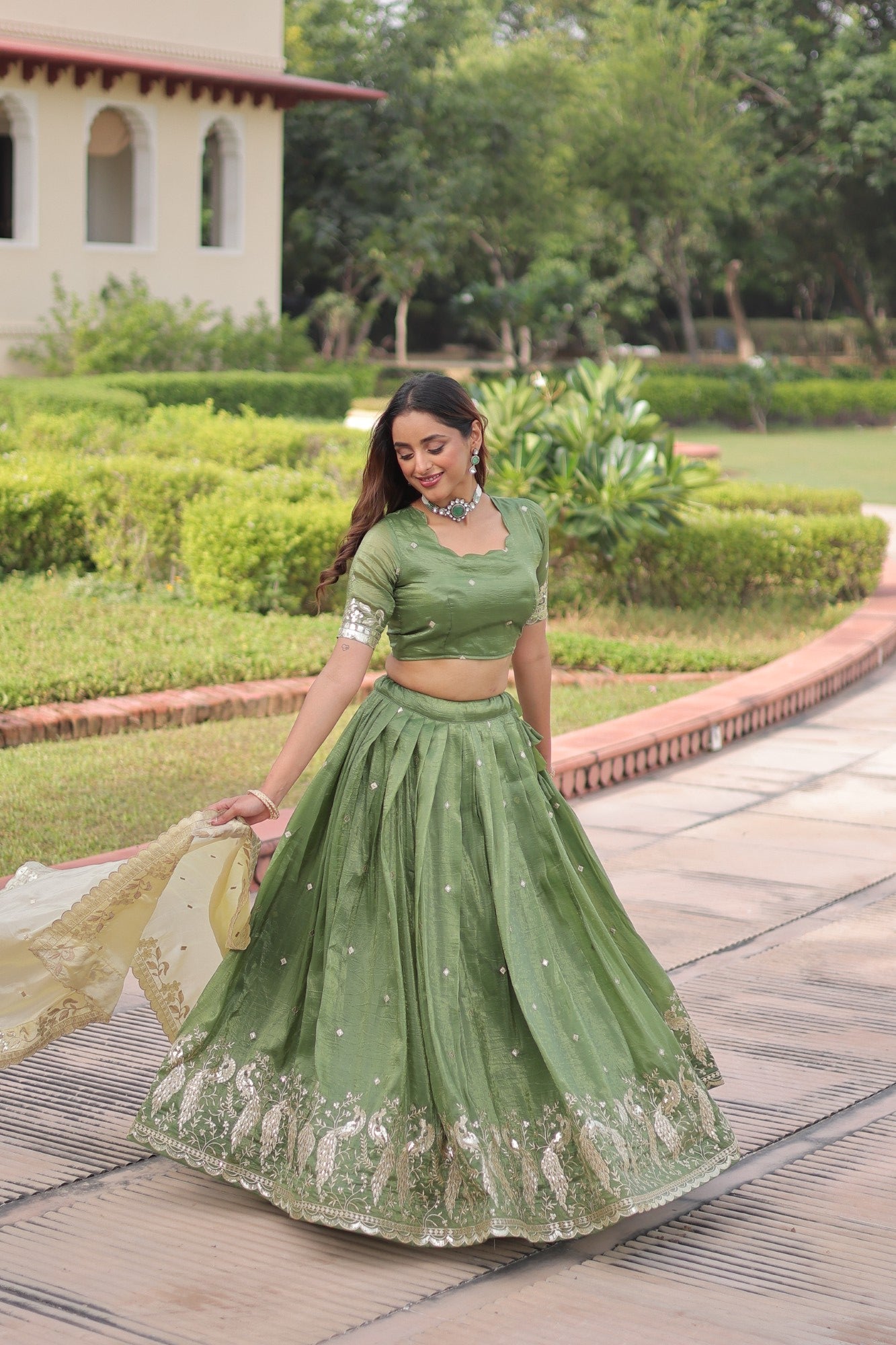 Parrot Green Gold Crush Lehenga Choli with Sequins and Zari
