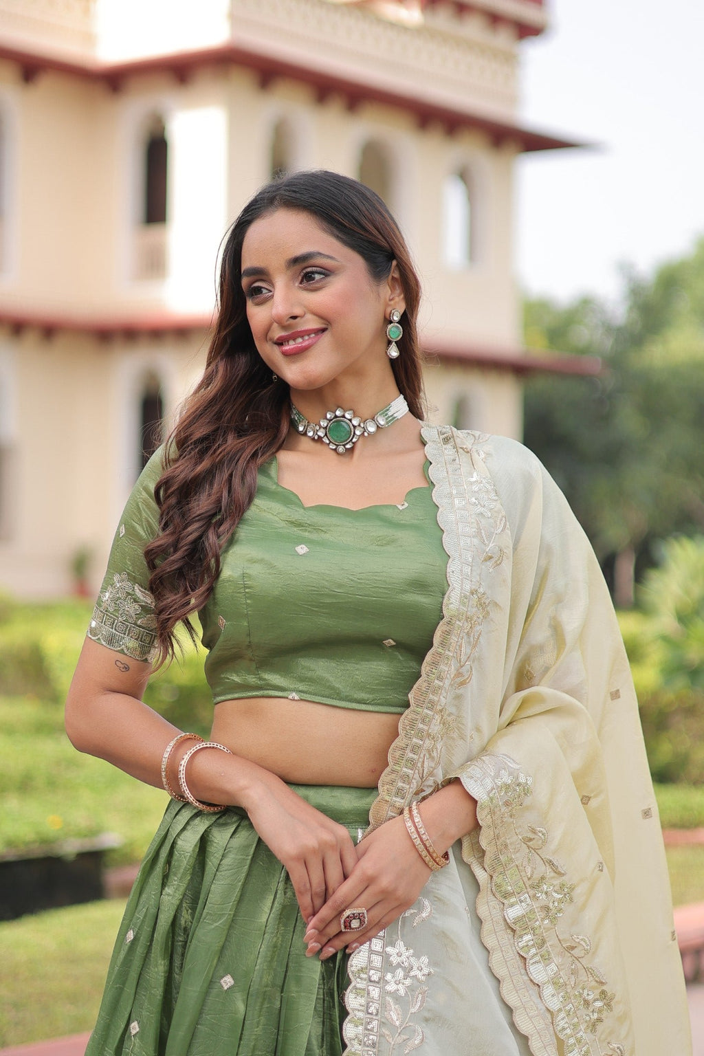 Parrot Green Gold Crush Lehenga Choli with Sequins and Zari