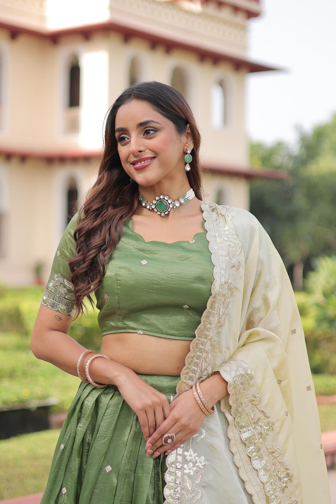 Parrot Green Gold Crush Lehenga Choli with Sequins and Zari