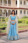 Skyblue Gold Crush Lehenga Choli with Sequins and Zari Embroidery