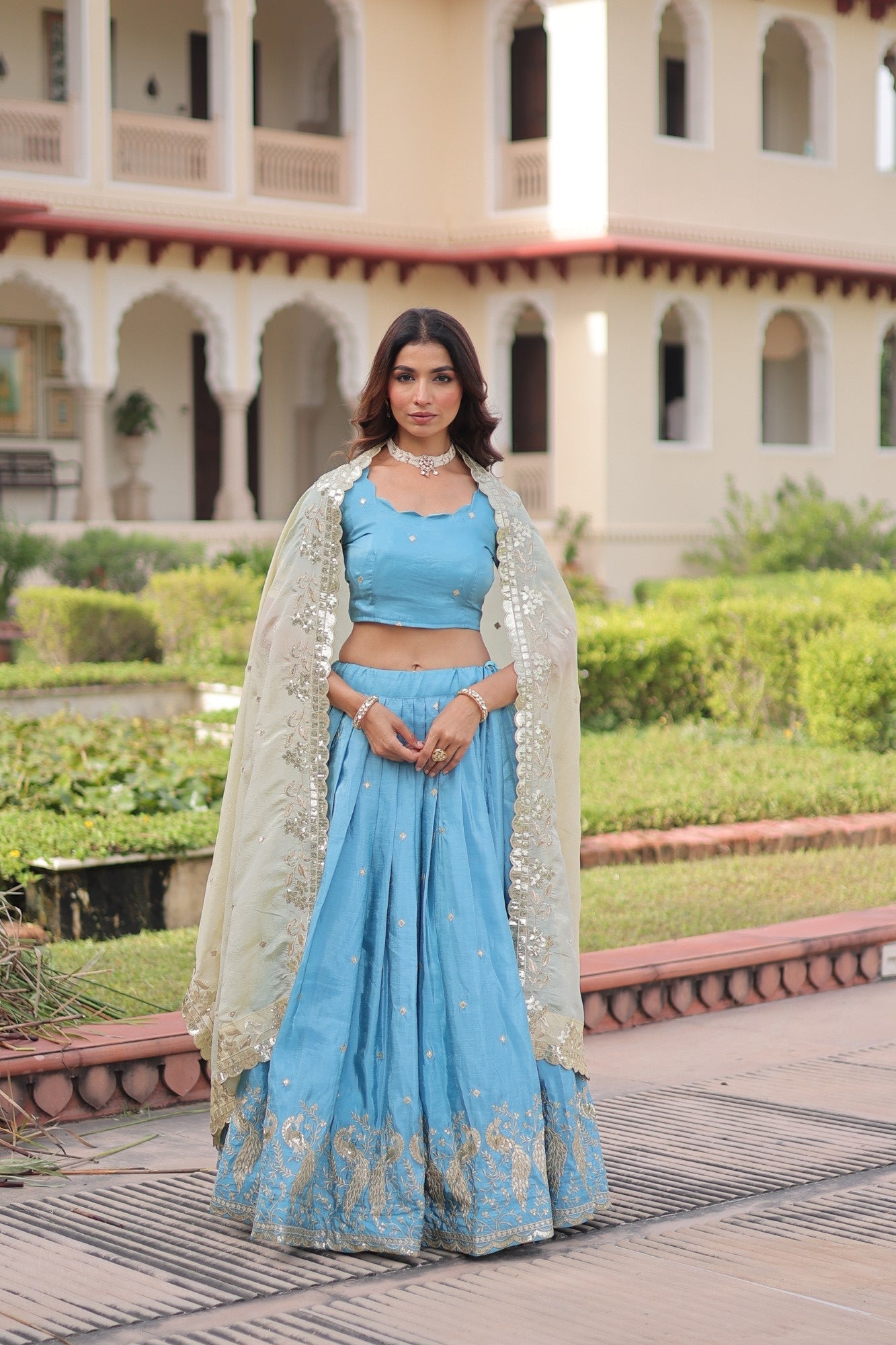 Skyblue Gold Crush Lehenga Choli with Sequins and Zari Embroidery