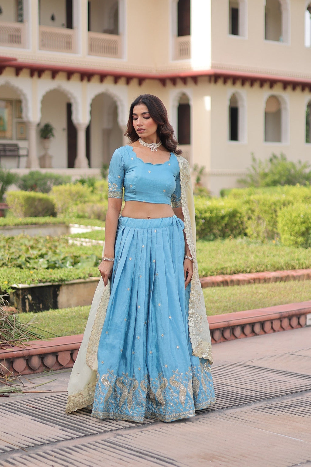 Skyblue Gold Crush Lehenga Choli with Sequins and Zari Embroidery