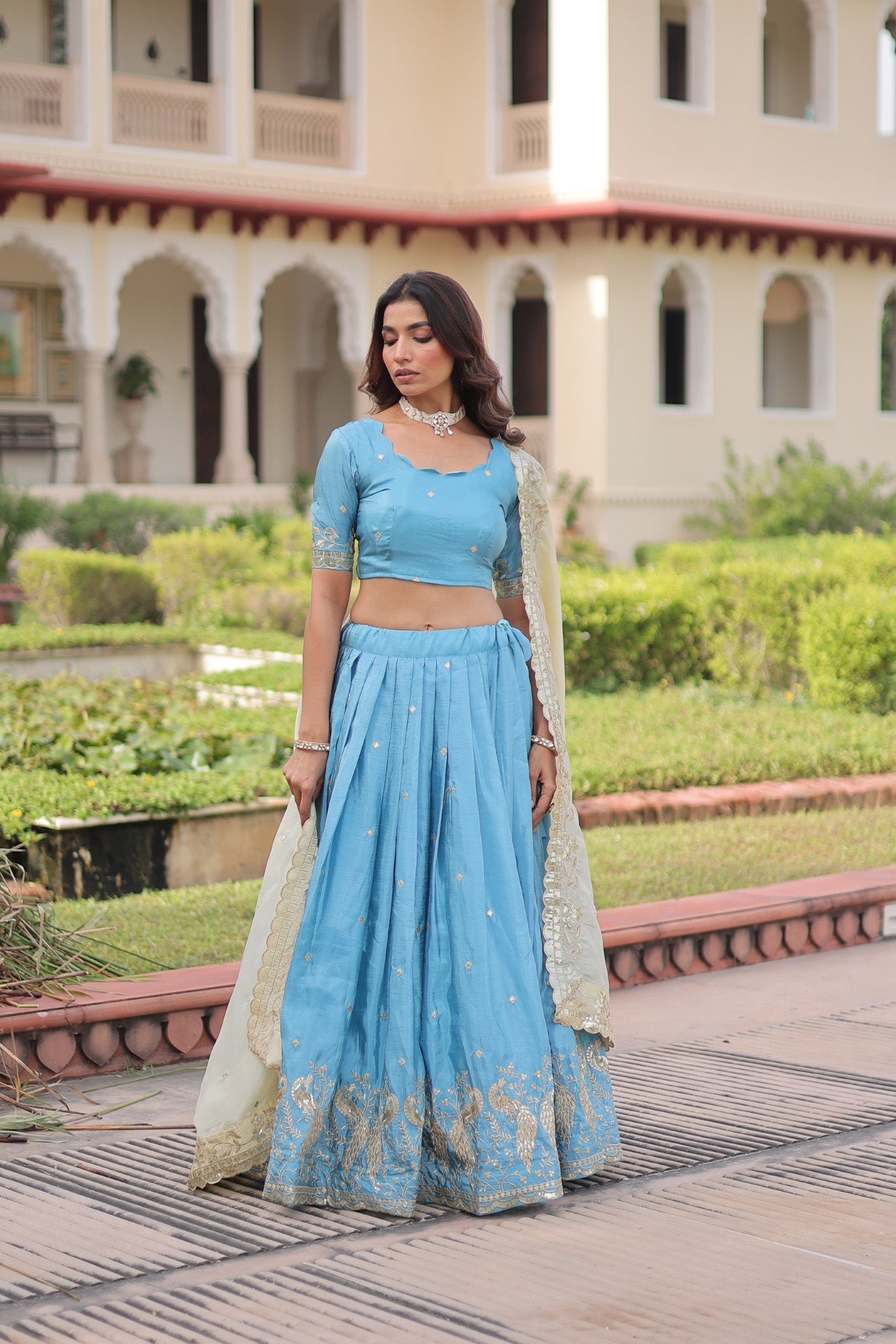 Skyblue Gold Crush Lehenga Choli with Sequins and Zari Embroidery