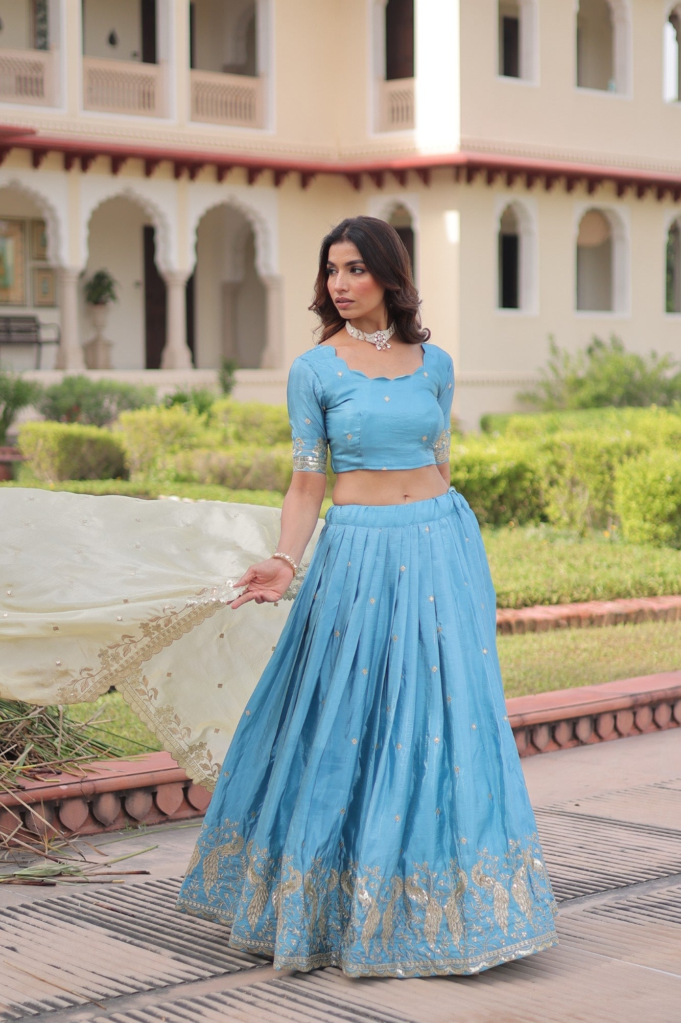 Skyblue Gold Crush Lehenga Choli with Sequins and Zari Embroidery