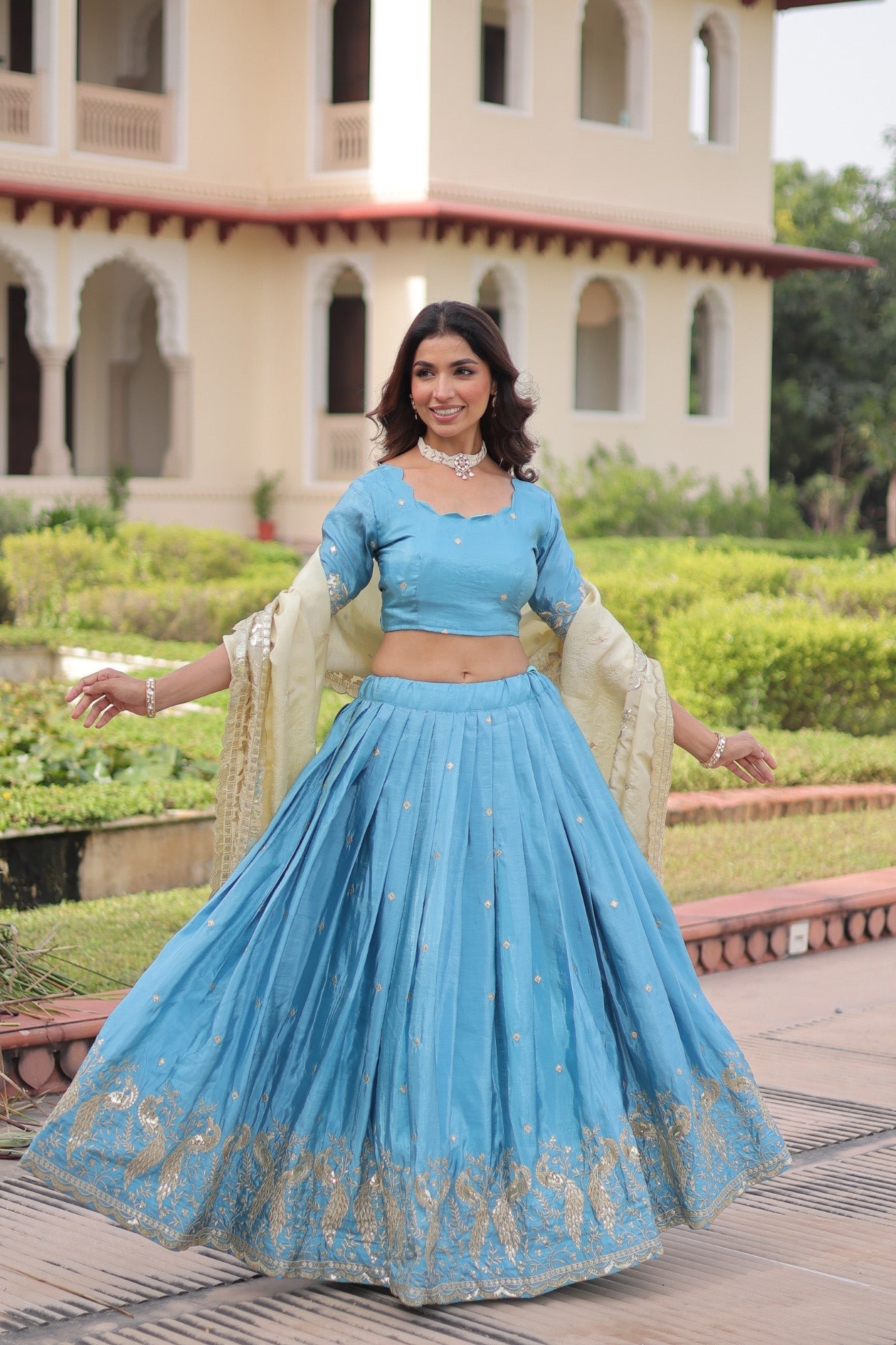 Skyblue Gold Crush Lehenga Choli with Sequins and Zari Embroidery