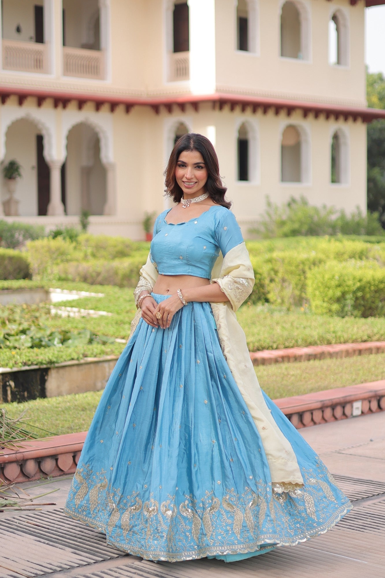 Skyblue Gold Crush Lehenga Choli with Sequins and Zari Embroidery