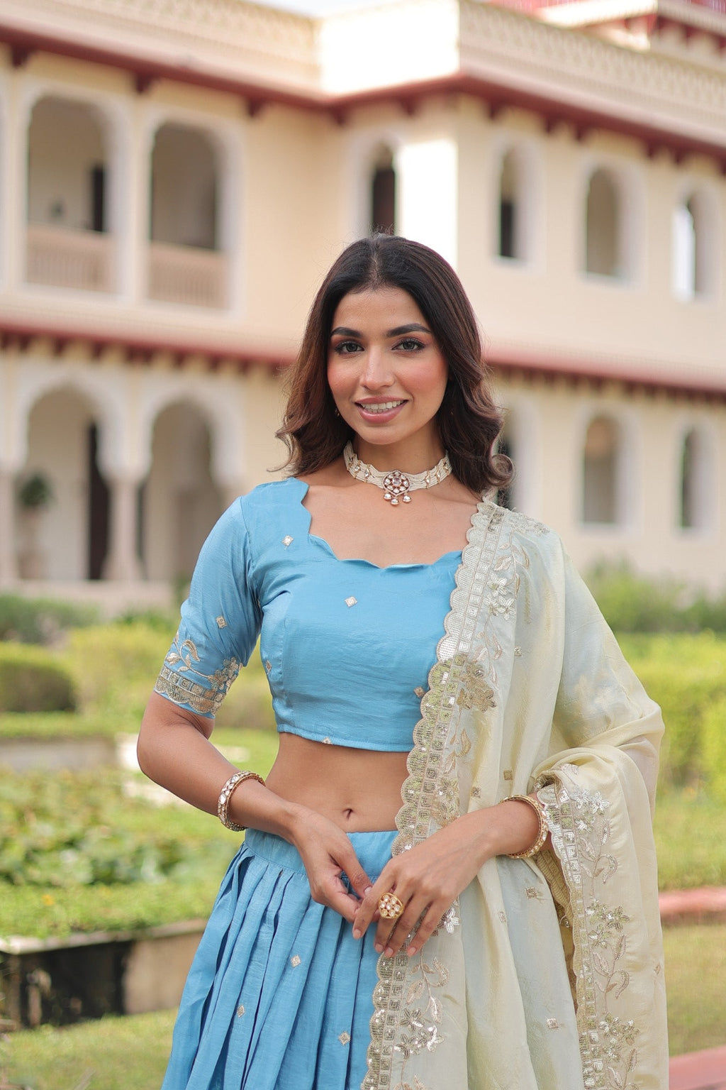 Skyblue Gold Crush Lehenga Choli with Sequins and Zari Embroidery
