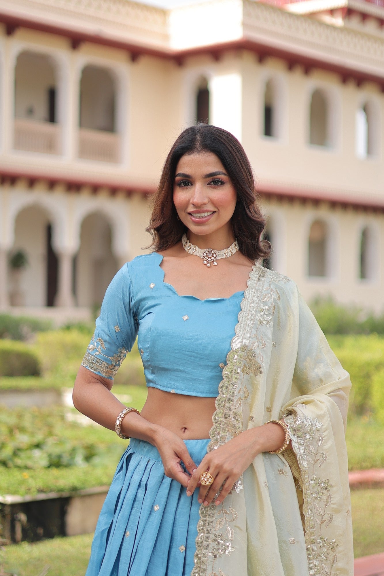 Skyblue Gold Crush Lehenga Choli with Sequins and Zari Embroidery