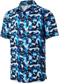 Men's short sleeve striped golf polo in blue, navy, and light-blue featuring performance anti-UV fabric.