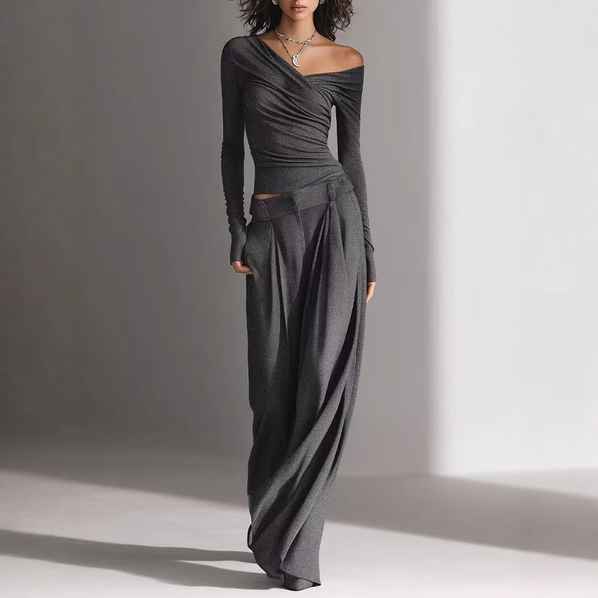 Women's Long-Sleeve Off-Shoulder Top and Loose Trouser Set - Image 2