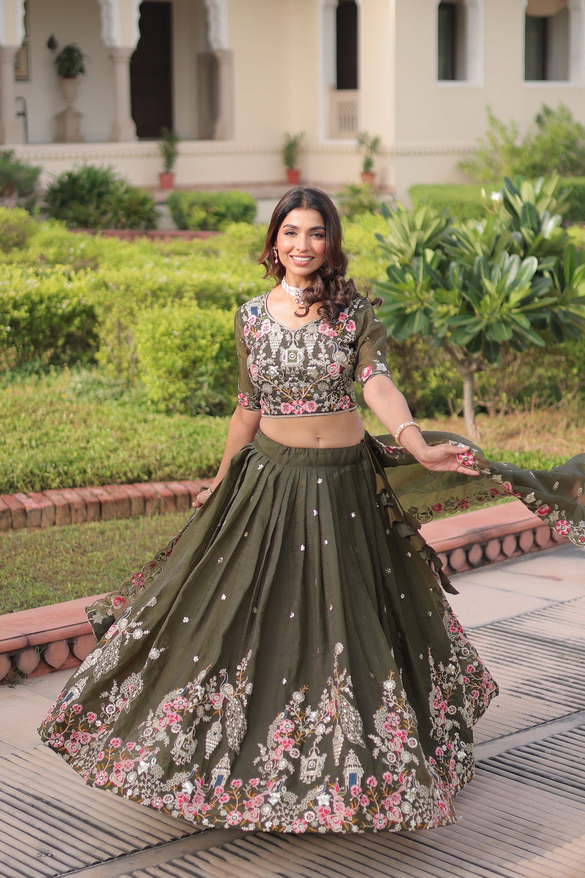 Green Gold Crush Lehenga Choli with Sequins and Zari Embroidery