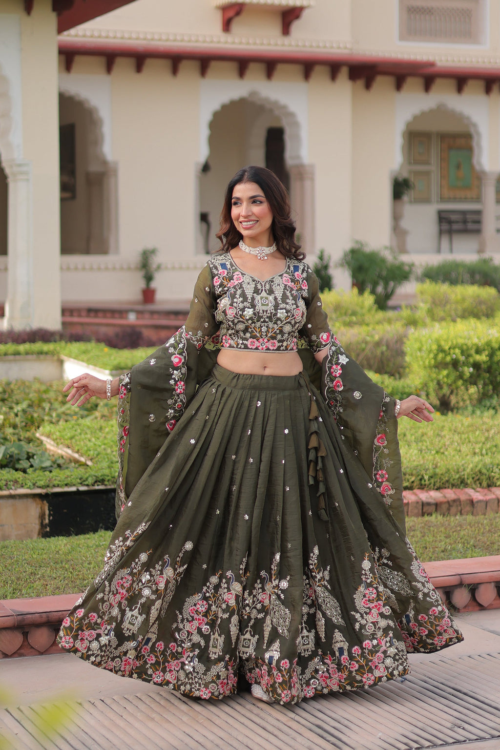 Green Gold Crush Lehenga Choli with Sequins and Zari Embroidery