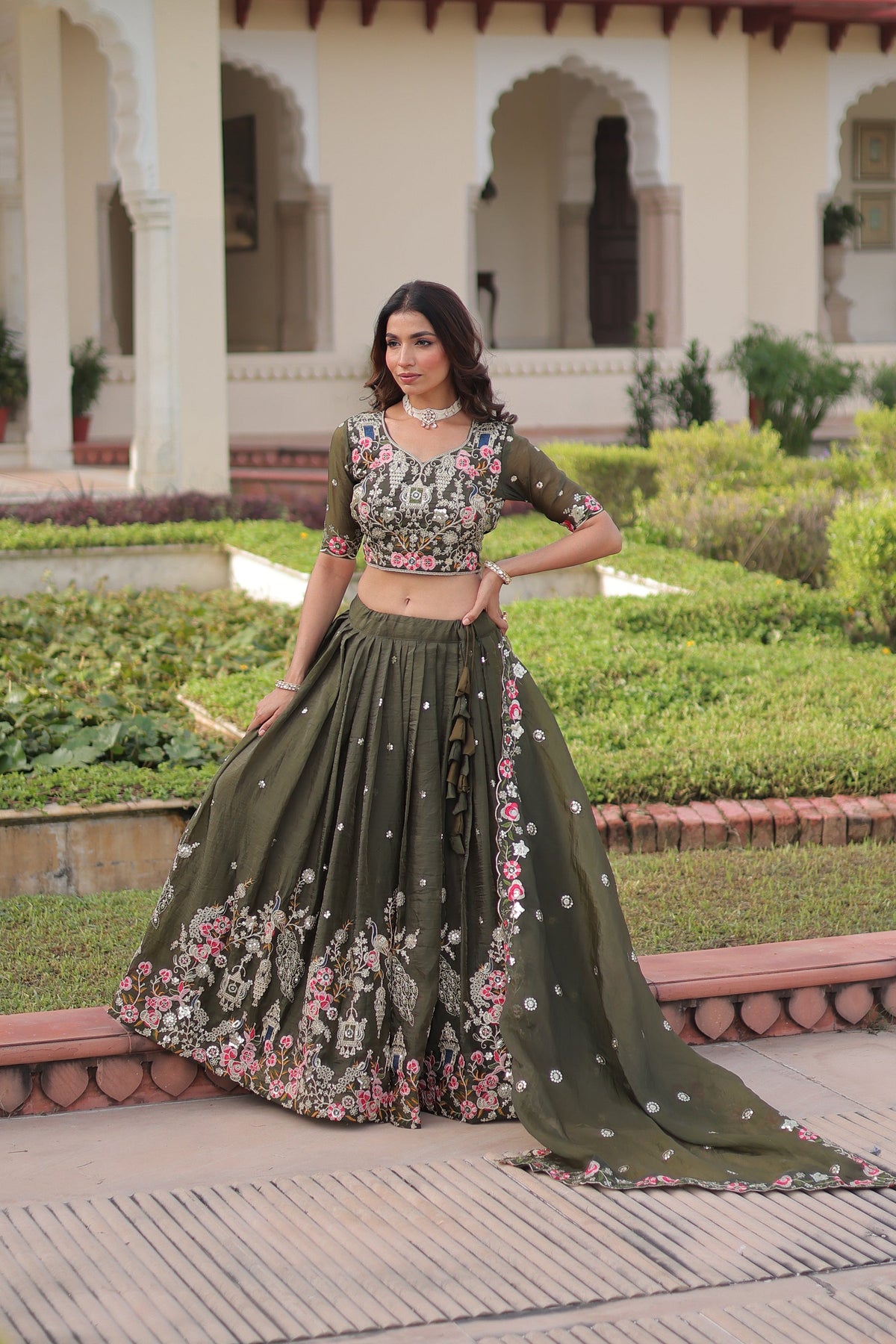 Green Gold Crush Lehenga Choli with Sequins and Zari Embroidery