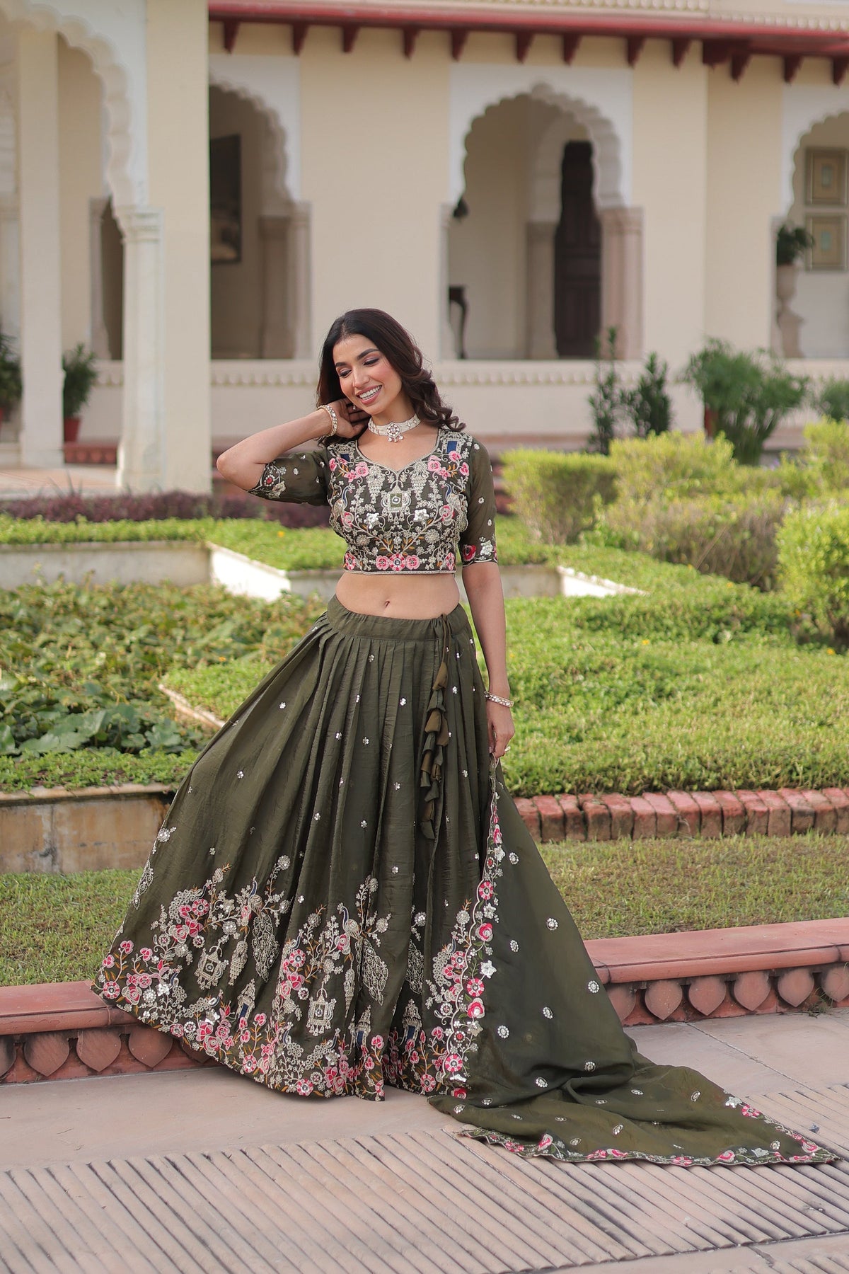 Green Gold Crush Lehenga Choli with Sequins and Zari Embroidery