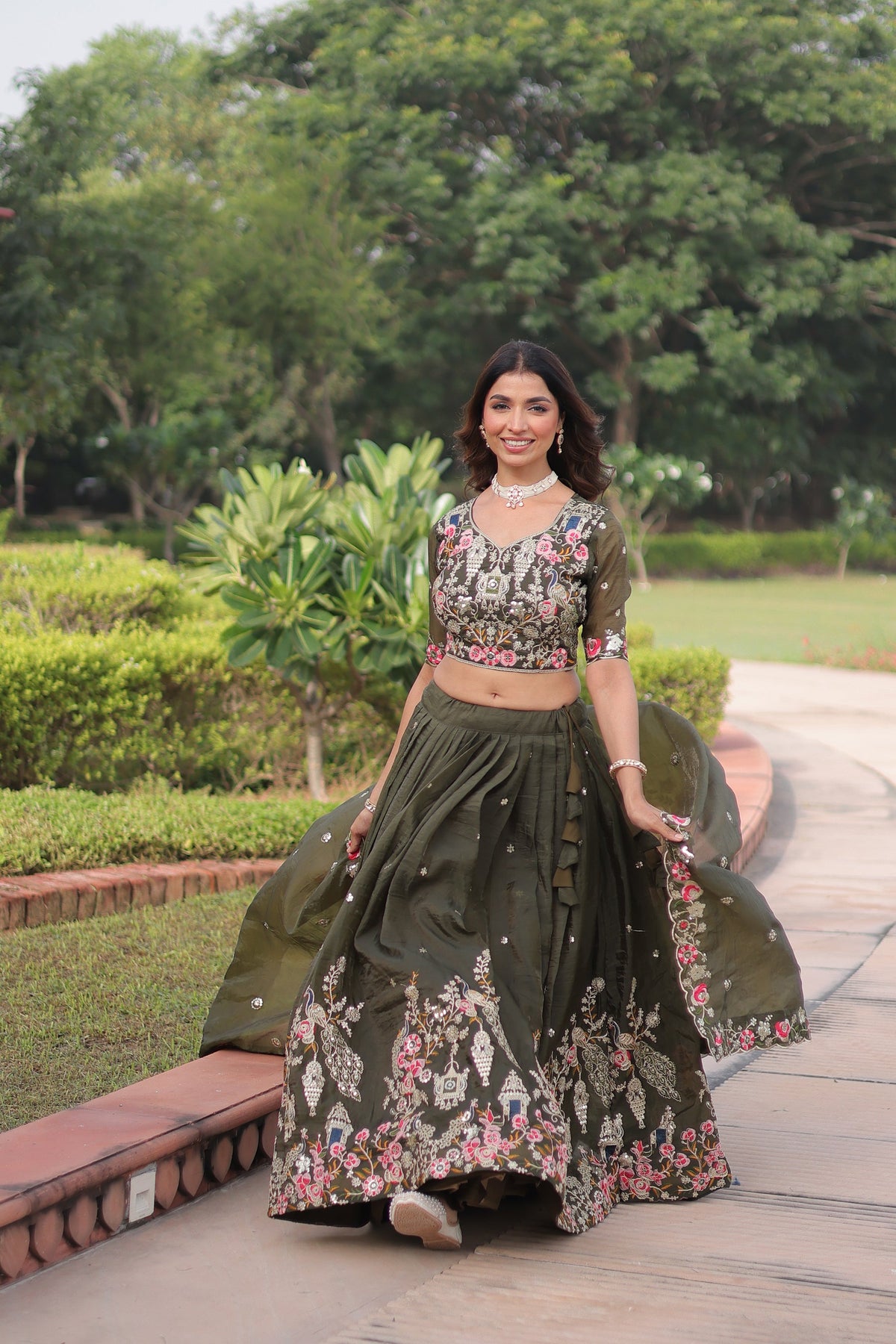 Green Gold Crush Lehenga Choli with Sequins and Zari Embroidery