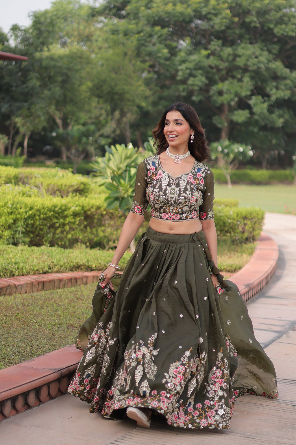 Green Gold Crush Lehenga Choli with Sequins and Zari Embroidery