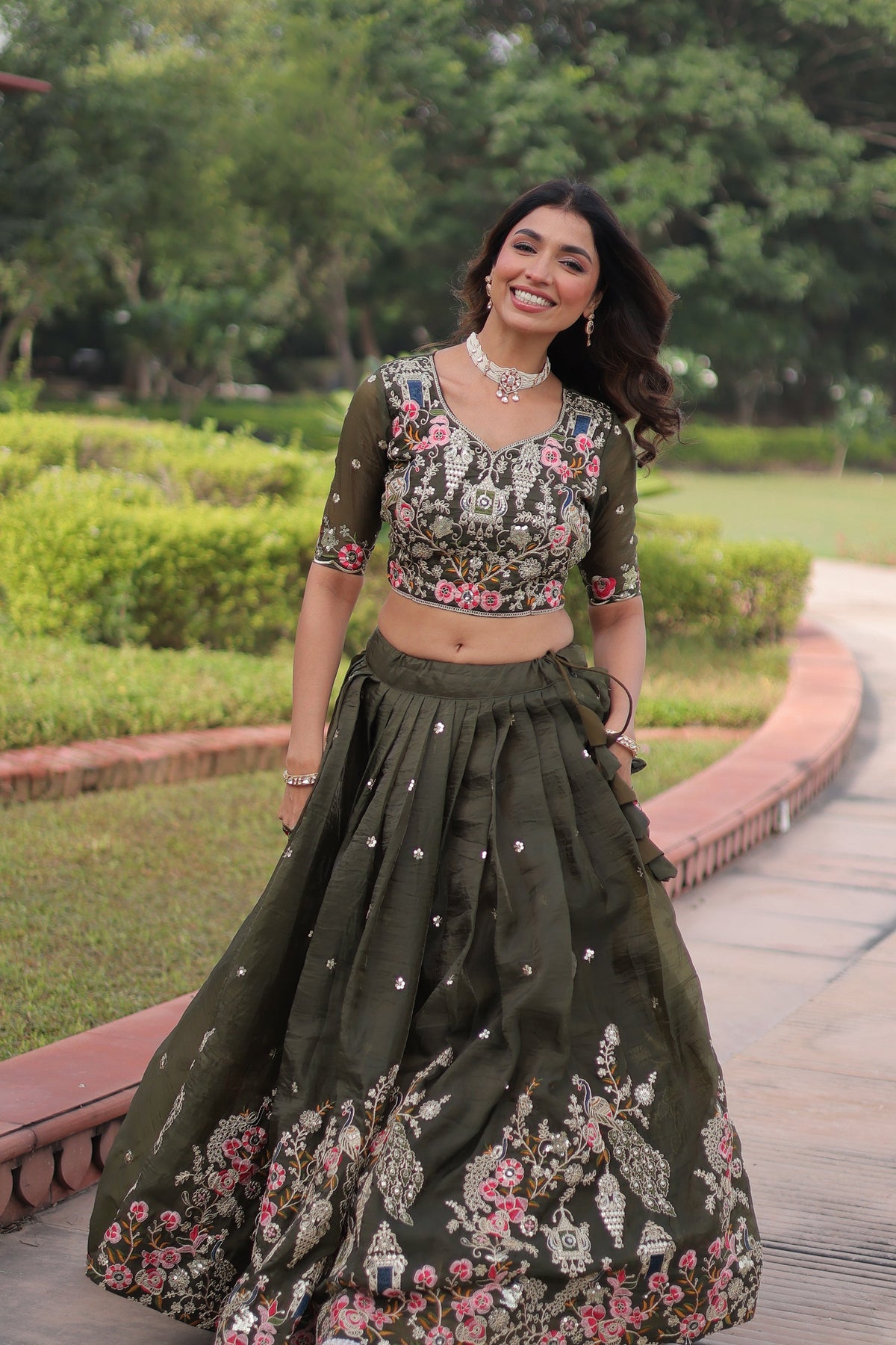 Green Gold Crush Lehenga Choli with Sequins and Zari Embroidery