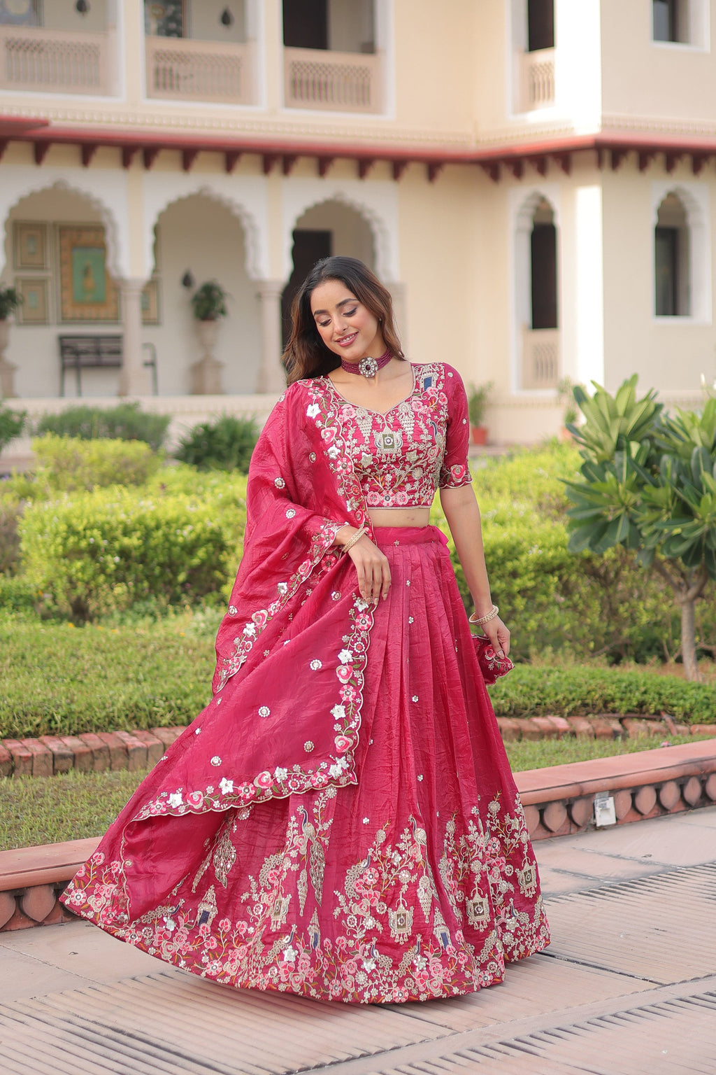Pink Gold Crush Lehenga Choli with Sequins and Zari Embroidery