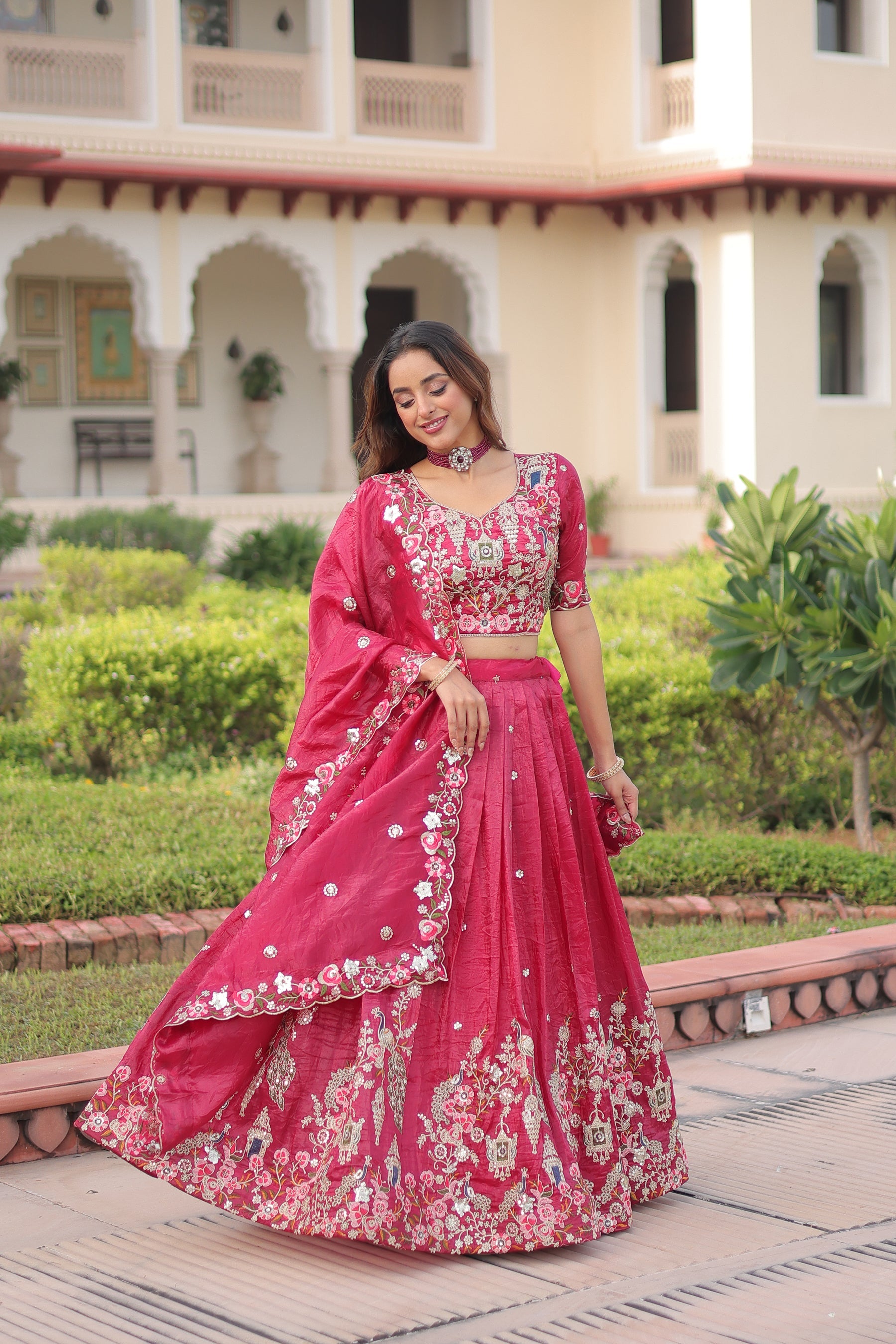 Pink Gold Crush Lehenga Choli with Sequins and Zari Embroidery