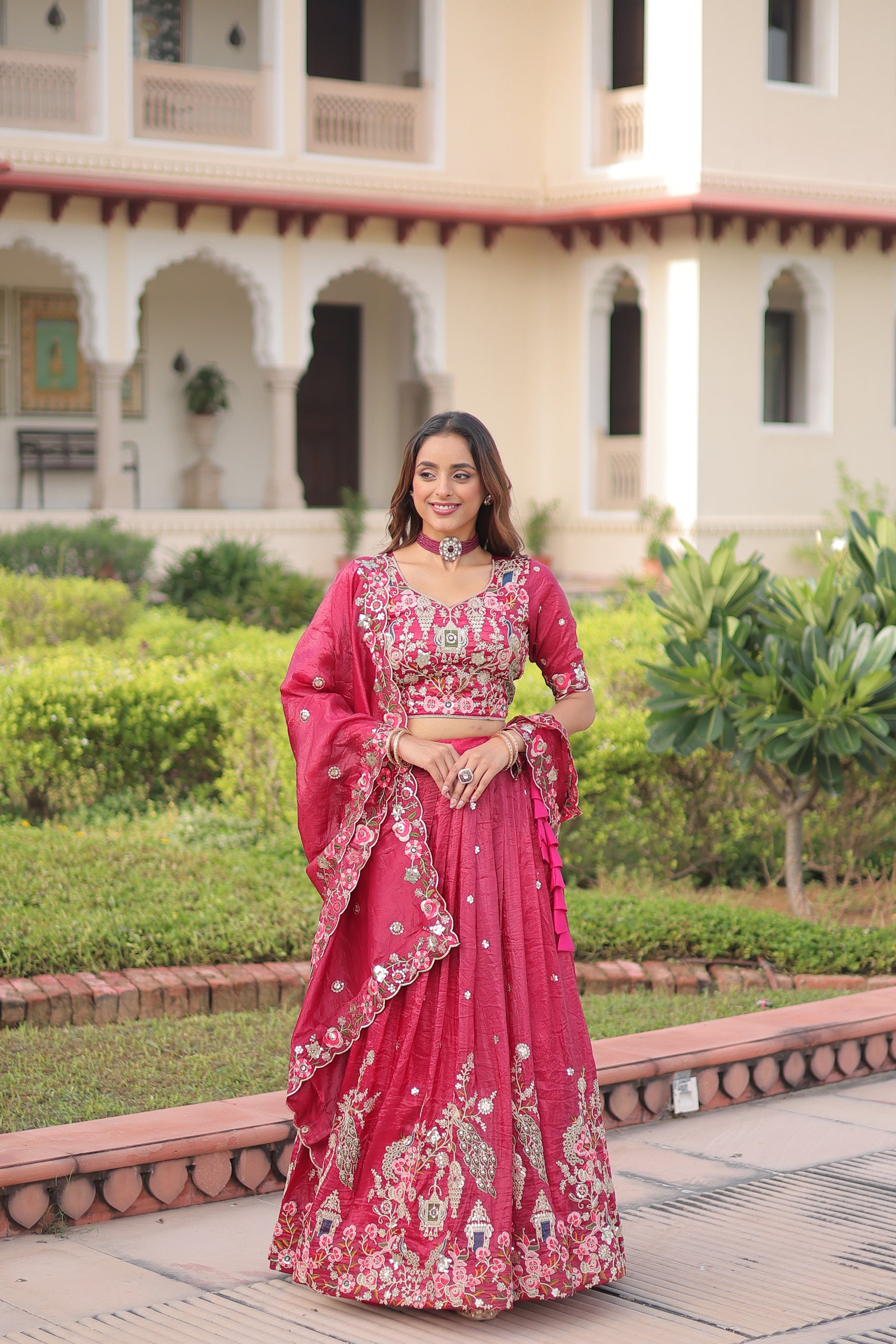 Pink Gold Crush Lehenga Choli with Sequins and Zari Embroidery