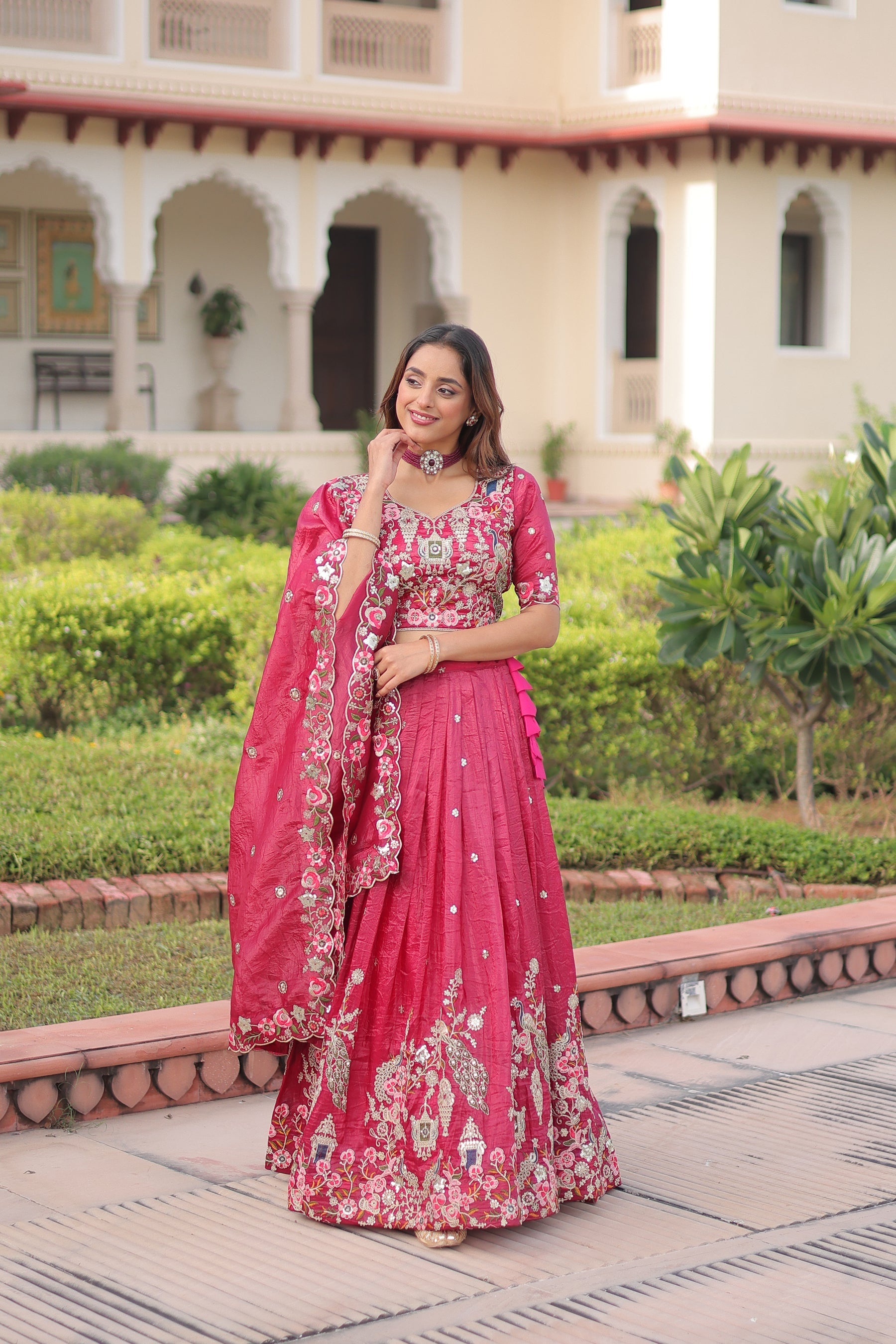 Pink Gold Crush Lehenga Choli with Sequins and Zari Embroidery