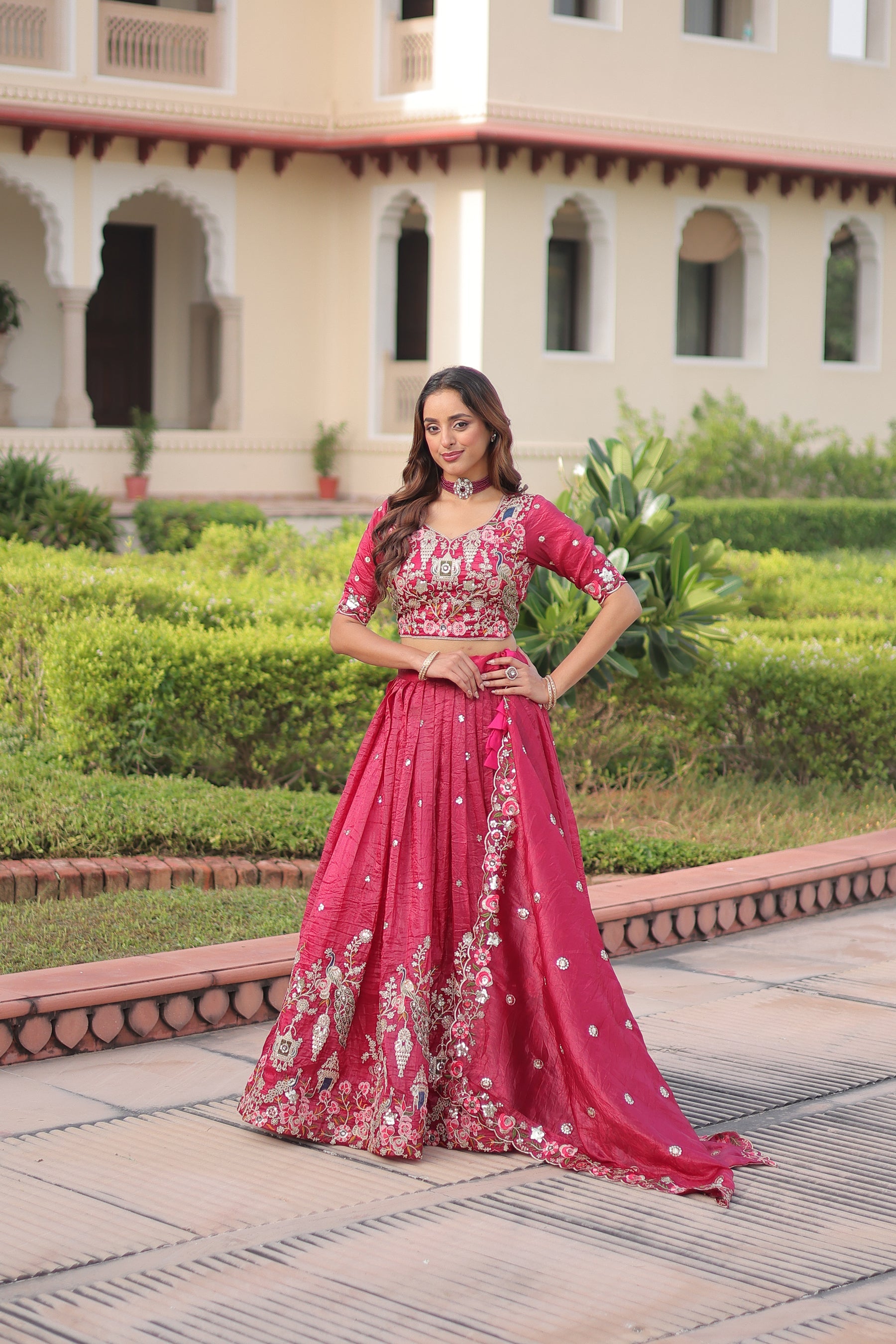 Pink Gold Crush Lehenga Choli with Sequins and Zari Embroidery