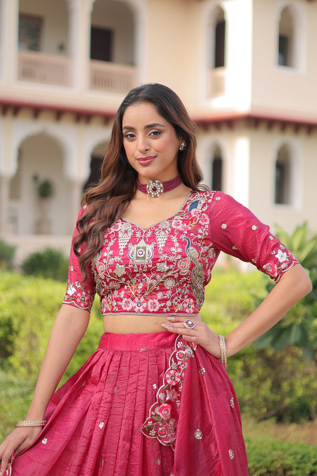 Pink Gold Crush Lehenga Choli with Sequins and Zari Embroidery