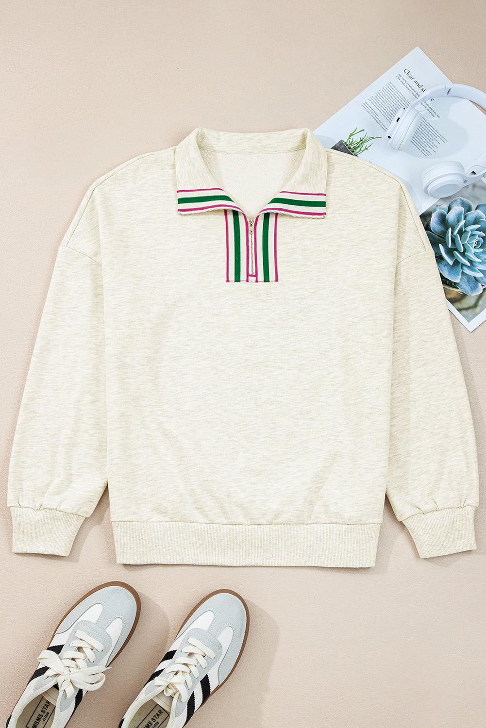 Light Grey Contrast Striped Patchwork Zip Collar Pullover