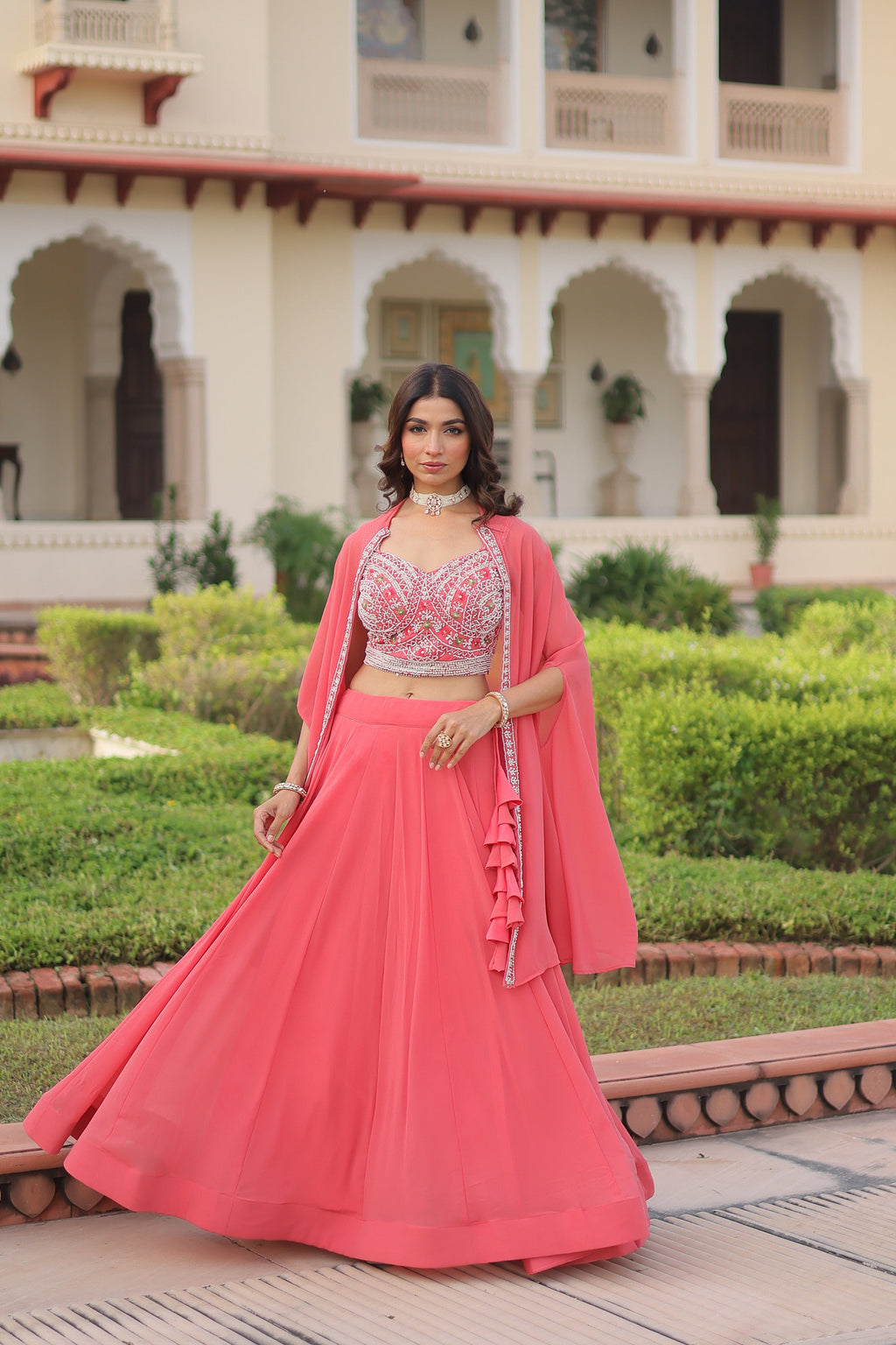 Peach Faux Georgette Lehenga Choli with Matching Shrug