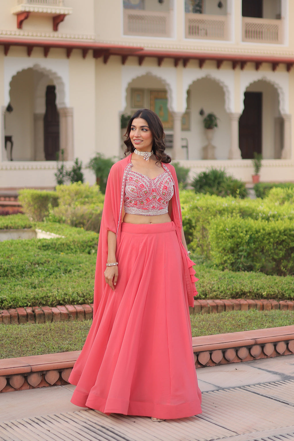 Peach Faux Georgette Lehenga Choli with Matching Shrug