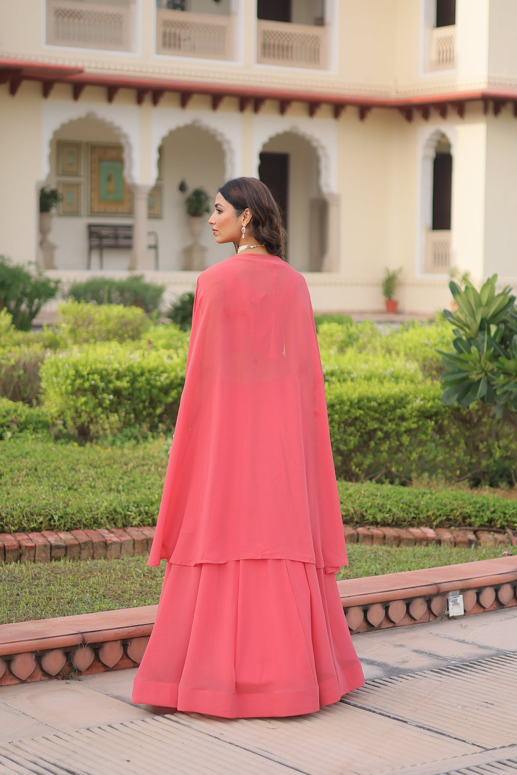 Peach Faux Georgette Lehenga Choli with Matching Shrug
