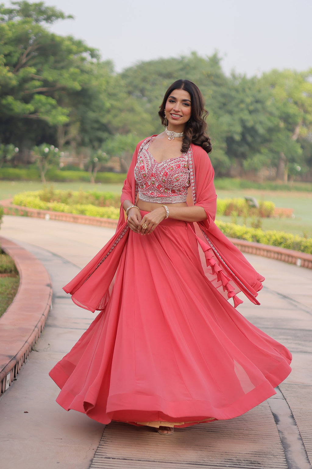 Peach Faux Georgette Lehenga Choli with Matching Shrug