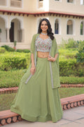 Pista Faux Georgette Plain Lehenga Choli Set with Modern Shrug