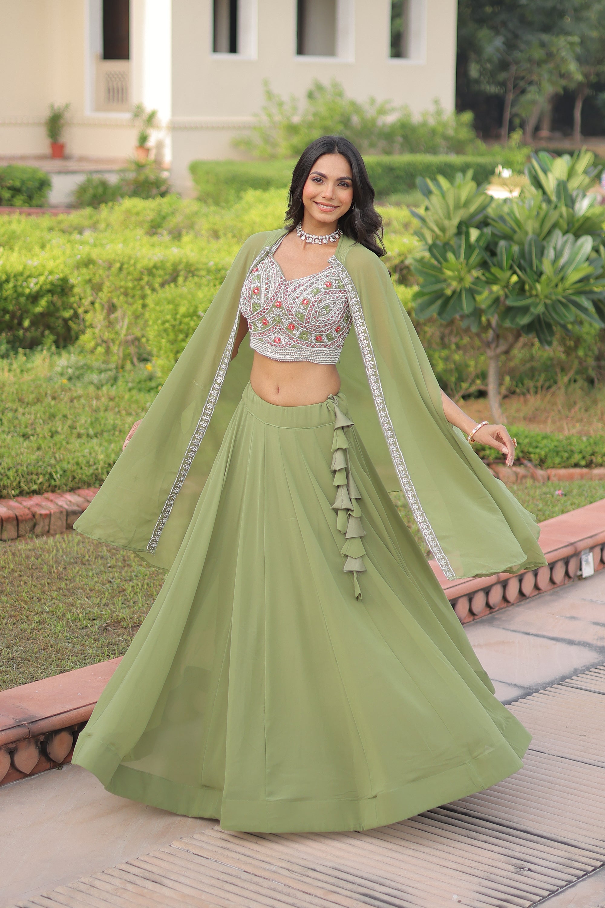 Pista Faux Georgette Plain Lehenga Choli Set with Modern Shrug