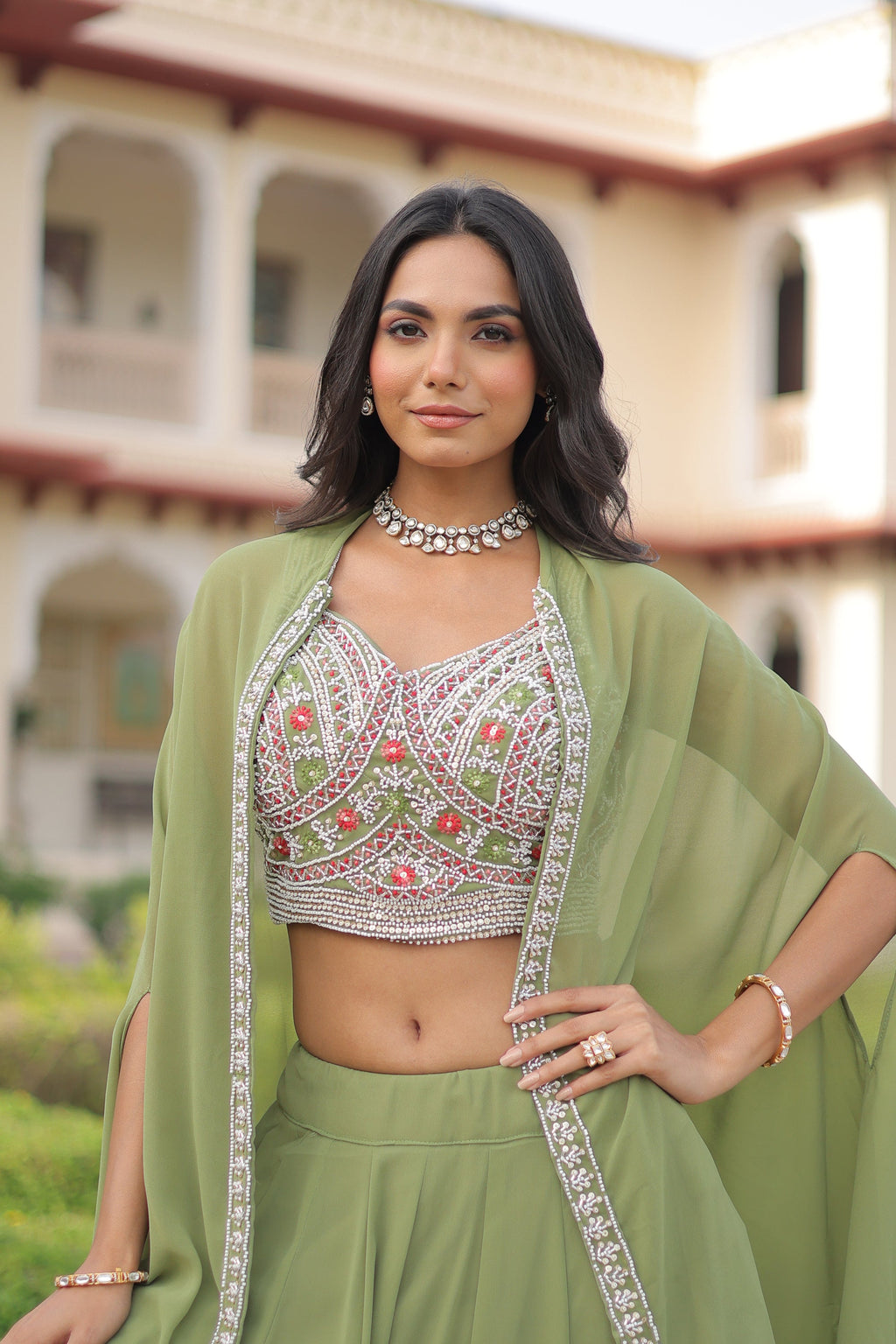 Pista Faux Georgette Plain Lehenga Choli Set with Modern Shrug