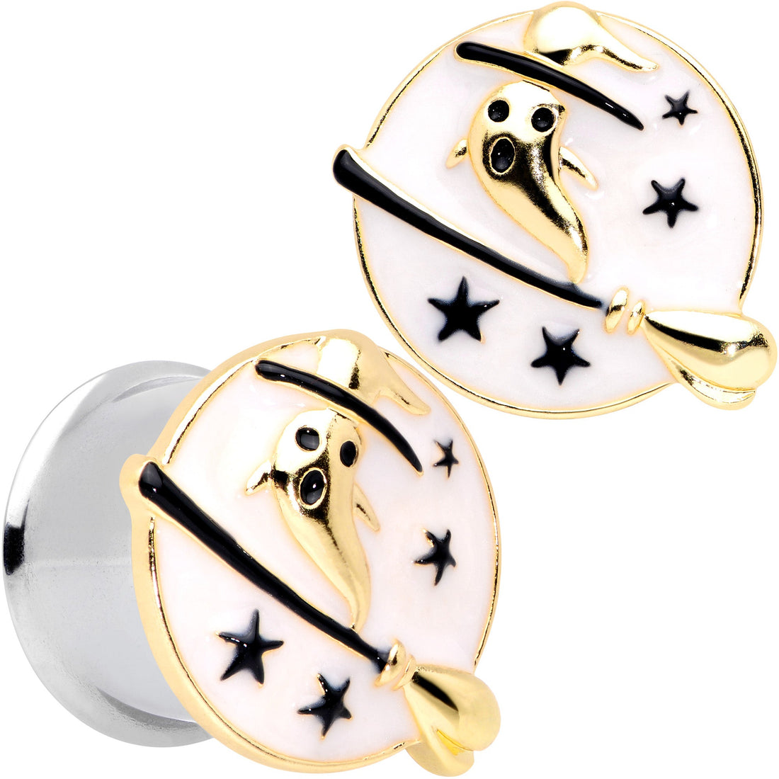 White Witch Ghost Broom Halloween Double Flare Plug Set - Image 10