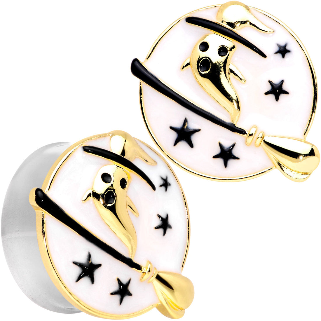 A pair of circular ear plugs featuring a gold-toned ghost wearing a witch's hat flying on a broomstick against a white background with black star accents.